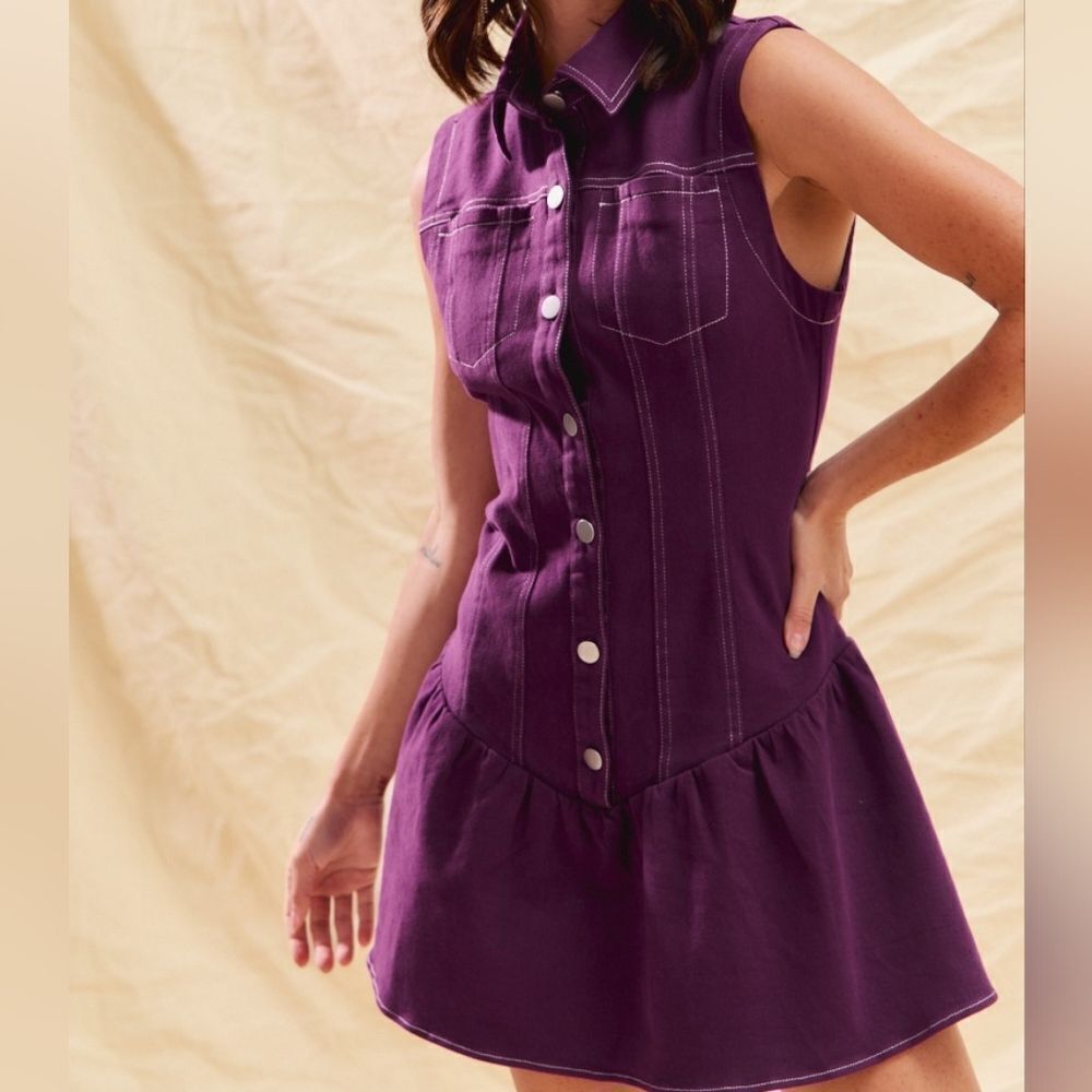 Purple Sleeveless Button-Down Dress White Stitching size Medium - Picture 12 of 14